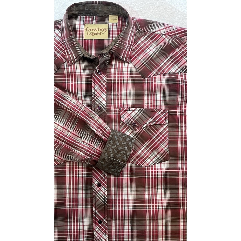 Cowboy Legend Pearl Snap Western‎ Rodeo Shirt Mens L Red Plaid Flip Cuff